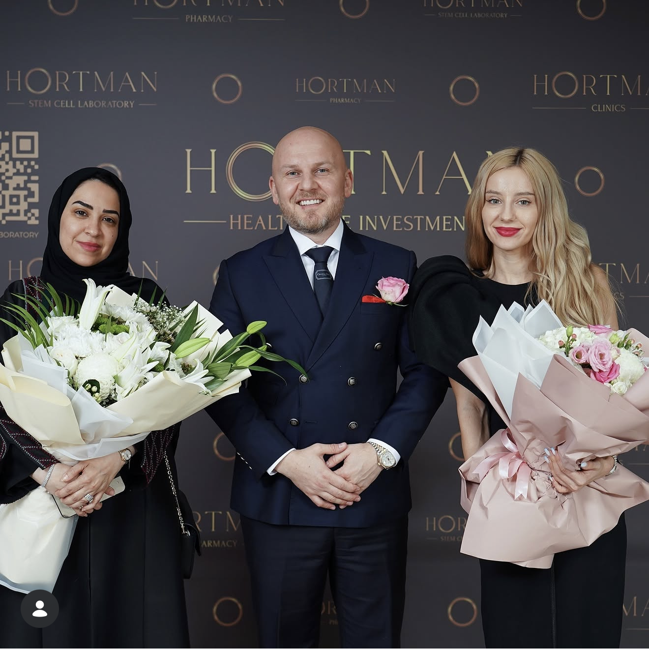 Darius Curta with Dr. Fatma Al Hashimi and Anastasiia Hortman at a Hortman Clinics event