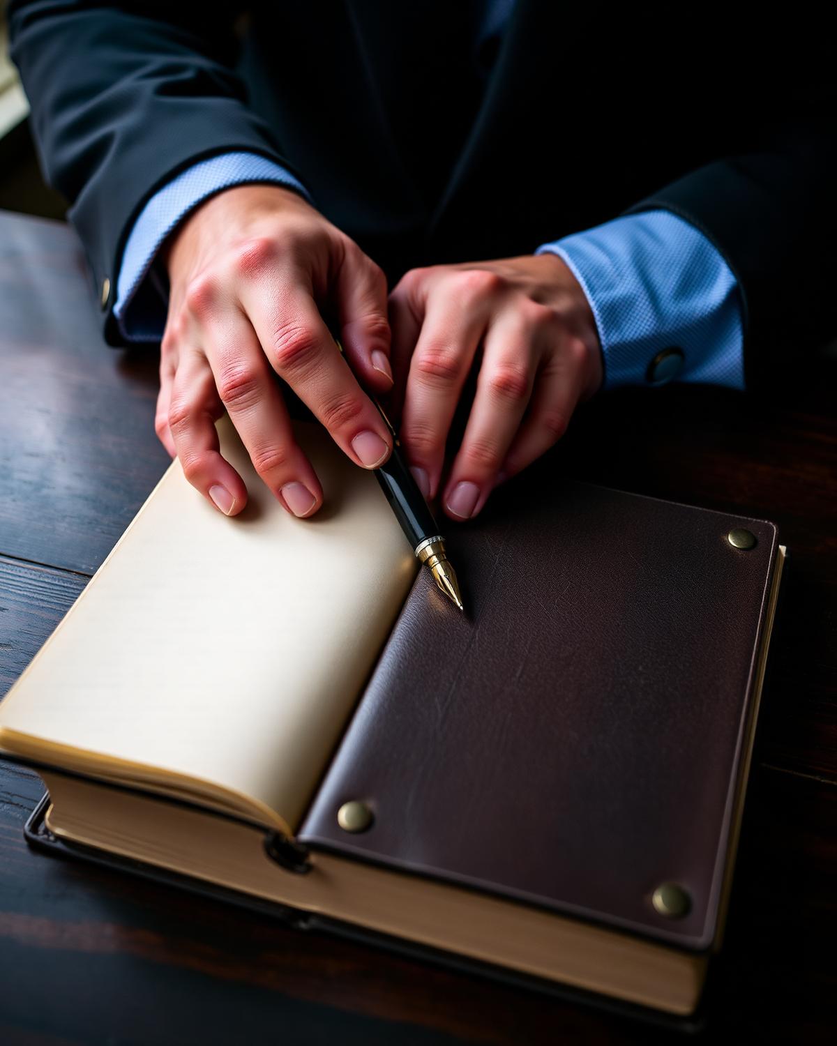 Hands with a fountain pen and open notebook