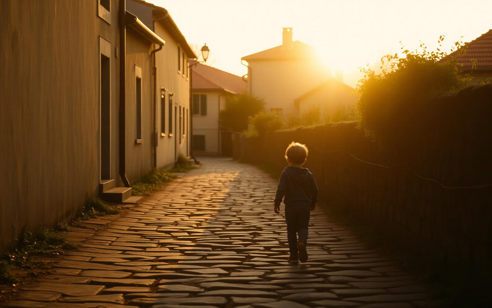 A child walking a stone path at dawn