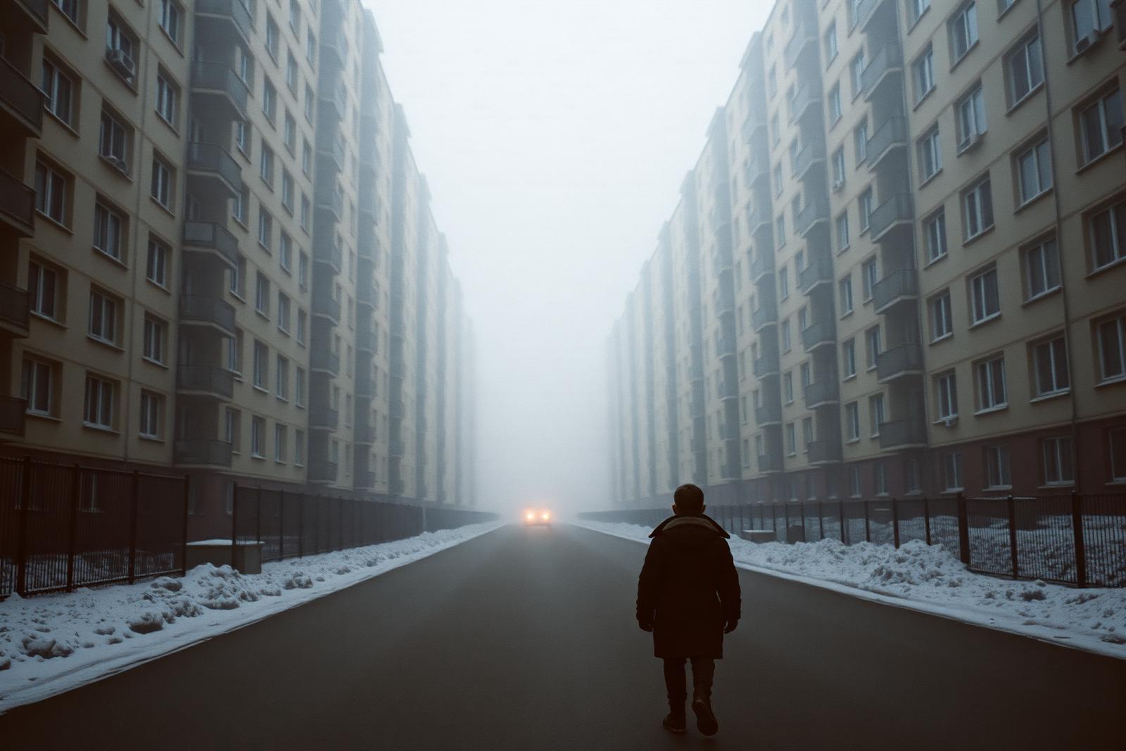 Romanian apartment blocks in winter, a small child walking toward school